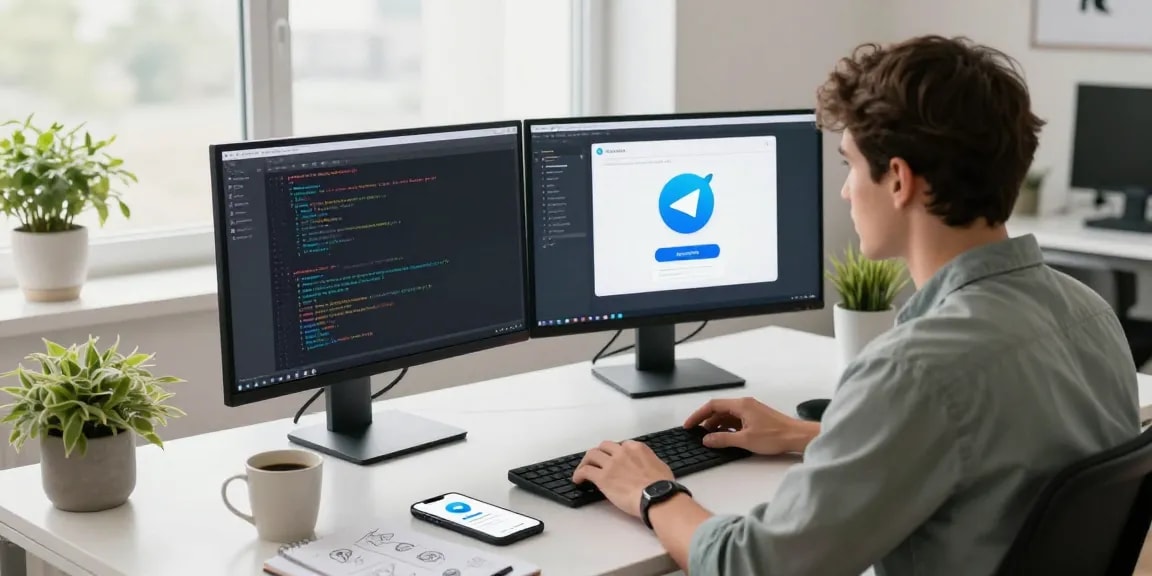 Download Telegram app on a modern workspace setup with a developer at a sleek desk.