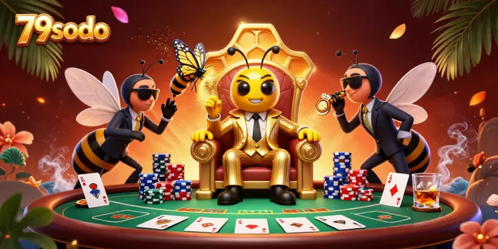 Experience the buzz of excitement at 79sodo with a vibrant game scene featuring a bumblebee mob boss and poker action.