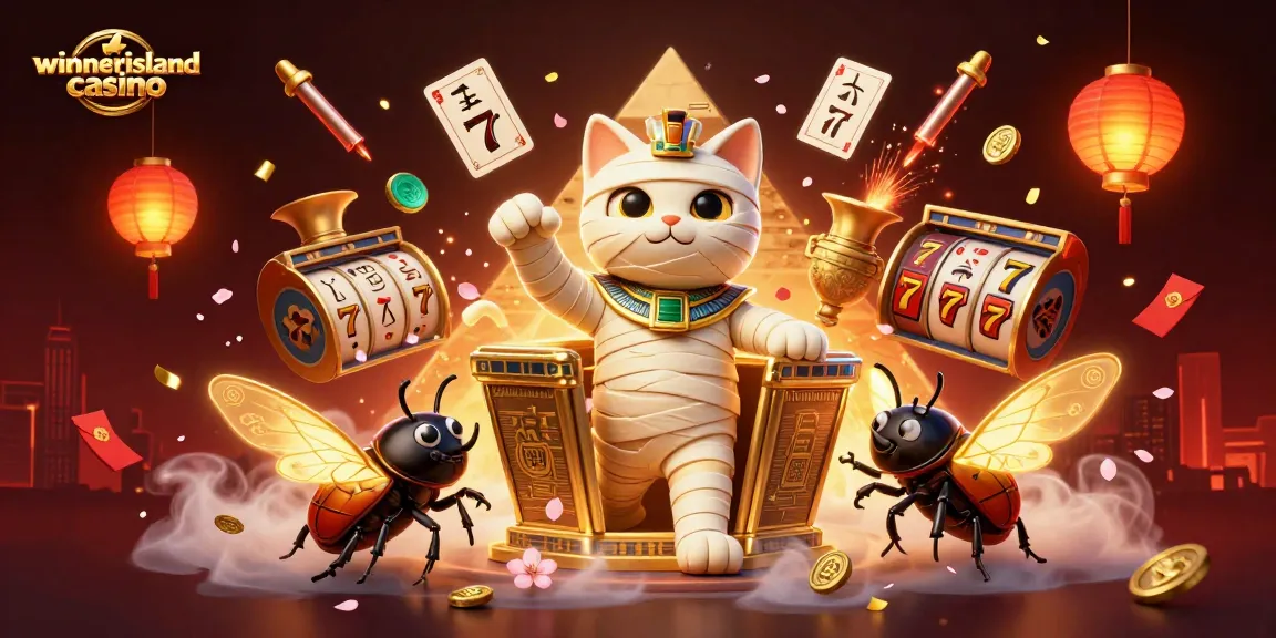 Experience winning thrills at winnerislandcasino with an Egyptian mummy cat and vibrant casino elements!