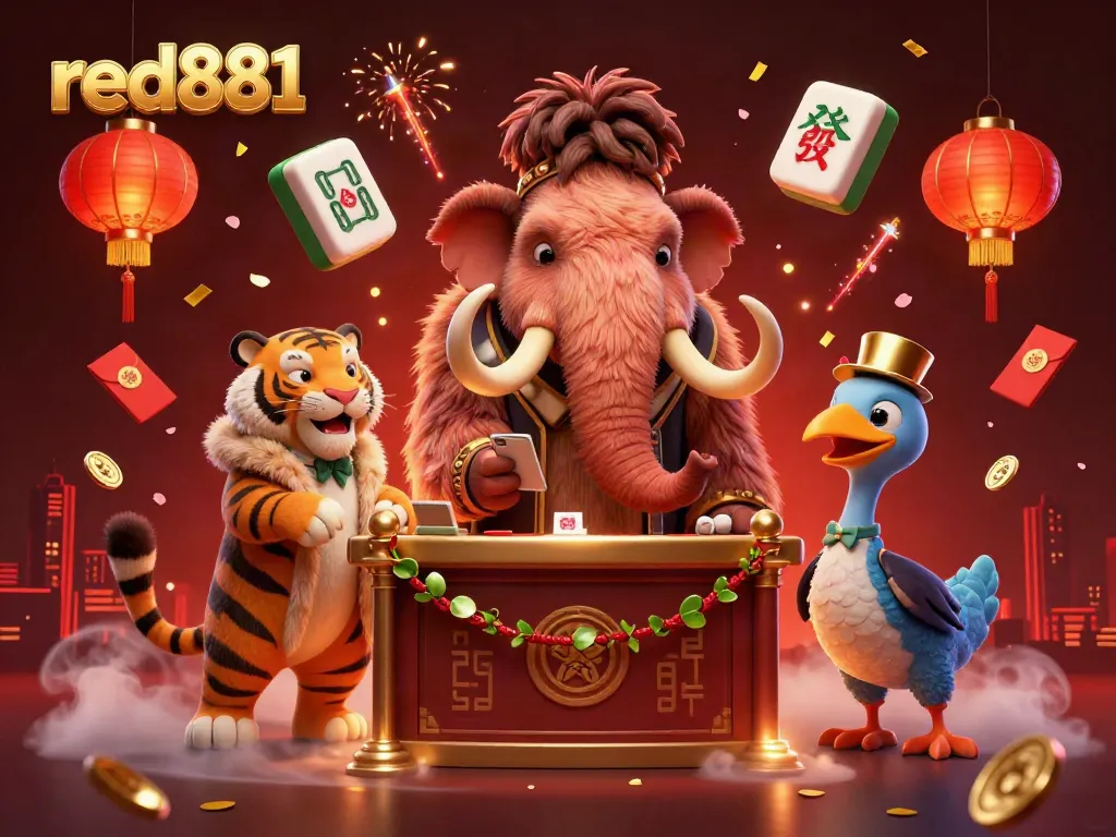 Experience the vibrant atmosphere of red881 with a casino scene featuring a woolly mammoth bouncer guarding the entrance.