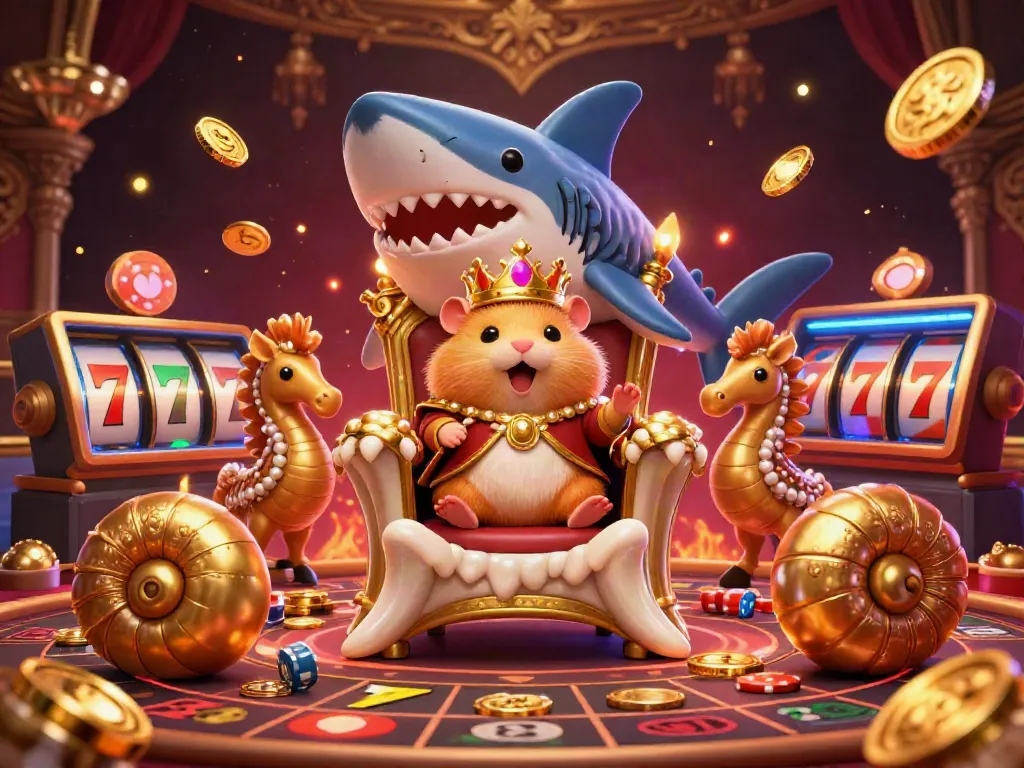 Join the golden hamster king in a thrilling slot scene with vibrant coins and neon lights.