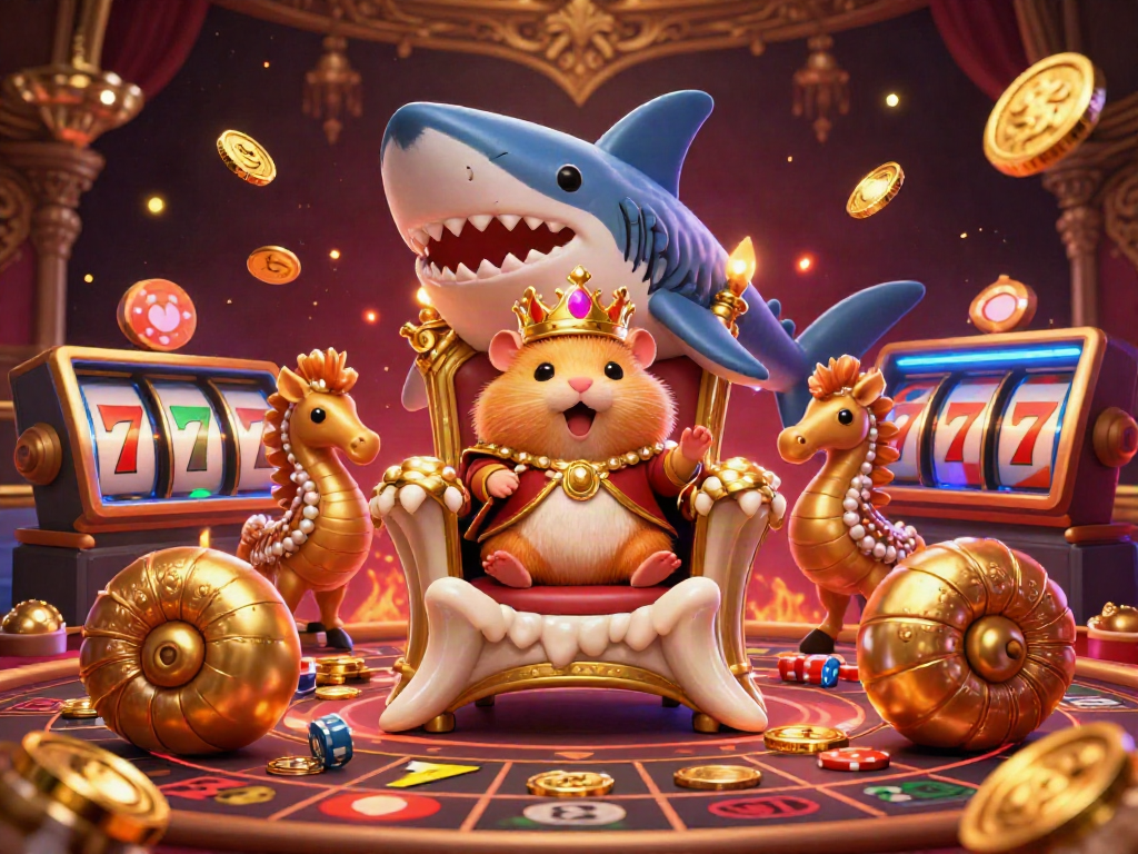 Join the golden hamster king in a thrilling slot scene with vibrant coins and neon lights.