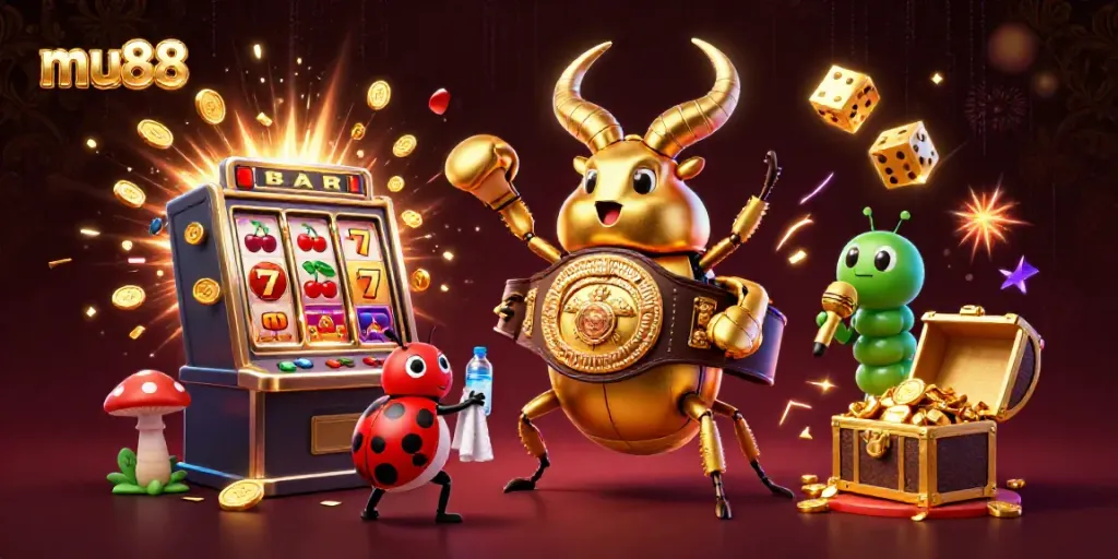 Experience the excitement of mu88 with a vibrant 3D casino illustration showcasing dynamic characters and gaming elements.