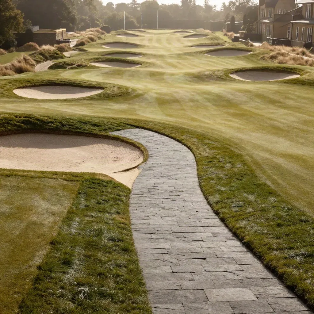 Elevatede golfbaan-junctie met fairways, bunker, pad en clubhuisterras in zacht licht.