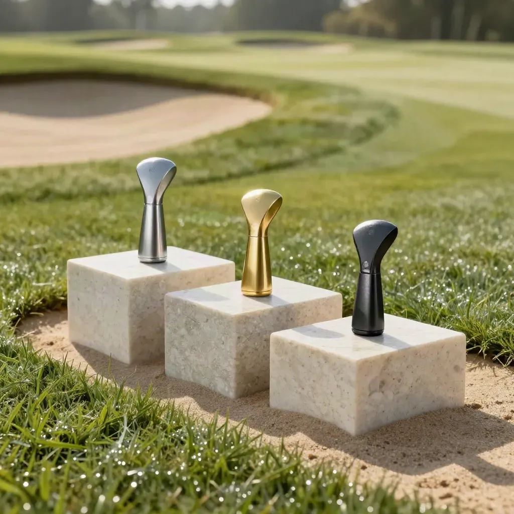 Drie golfbalmarkers op stenen blokken langs fairway, bunkerzand en rough in zacht ochtendlicht.