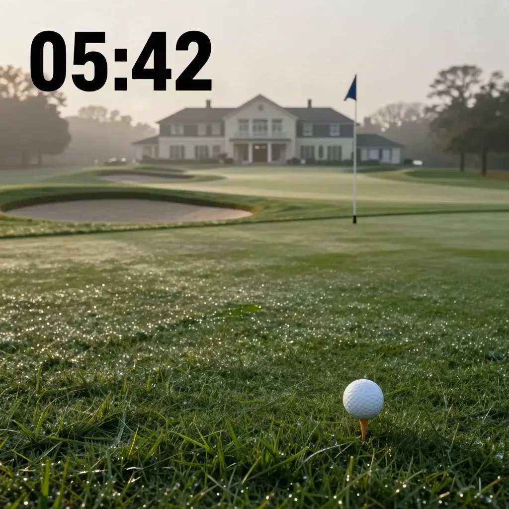 Golfbaan in de dauw bij zonsopkomst, tee, bunker en vlag in mistige ochtend.