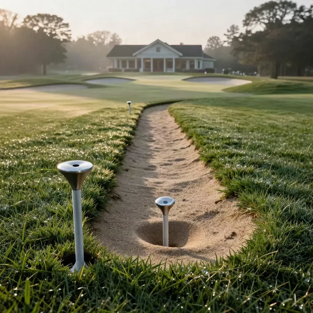 Pristine tee box in de mist bij zonsopkomst, met fairway en clubhouse op de achtergrond.