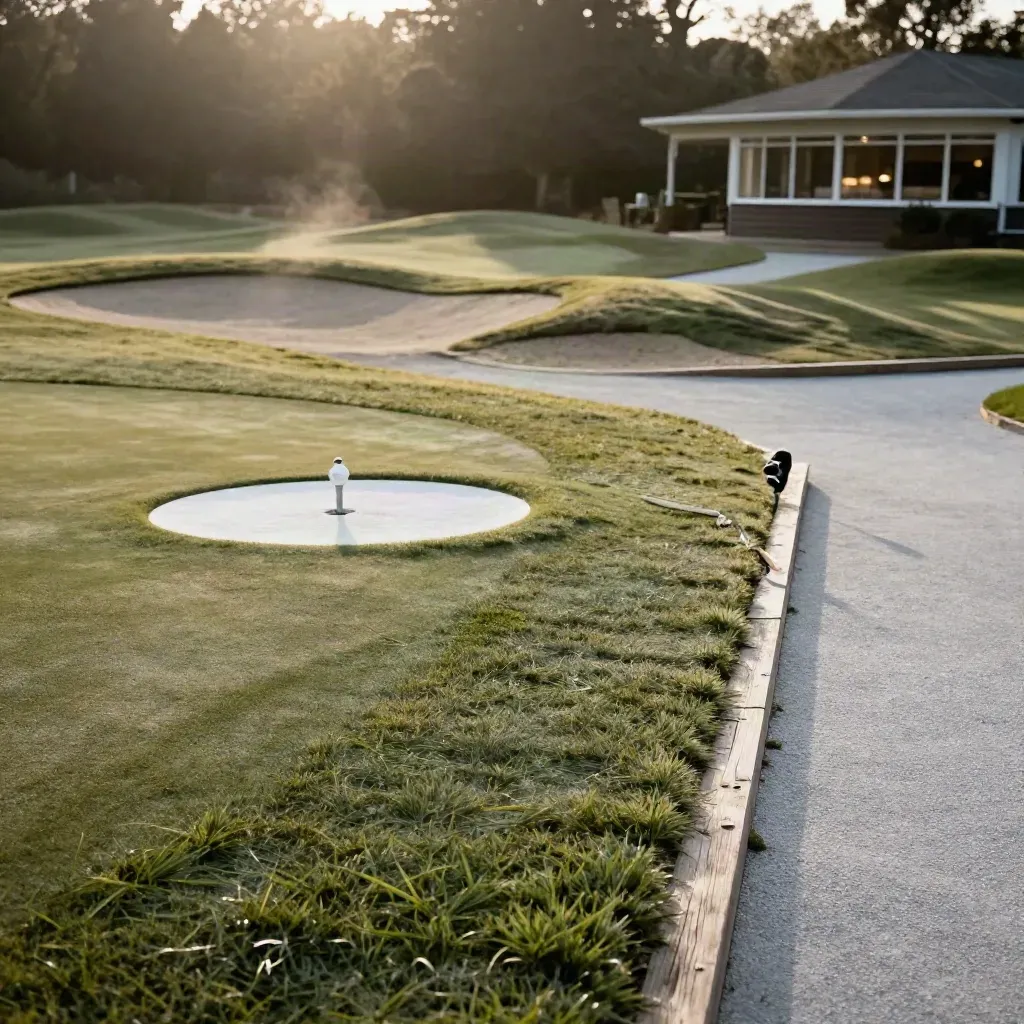Praktijkgreen met pitching target, tee box en karspoor bij een warme clubhoek.