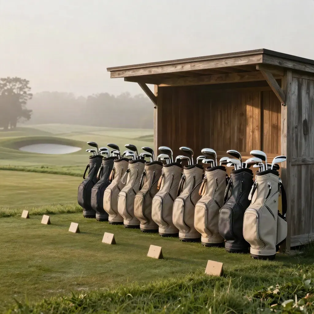 Twaalf golftassen naast een startershut in ochtendmist met zandkleurige tee markers.