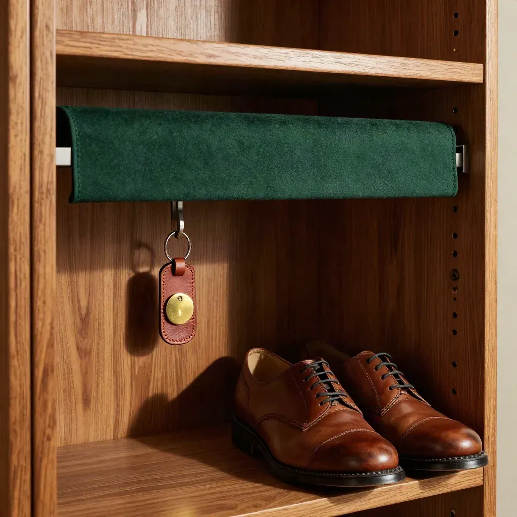 Golfkluis met sleutelhanger, hoofdhoes, schoenenrek en glanzende clubtoken in zacht licht.
