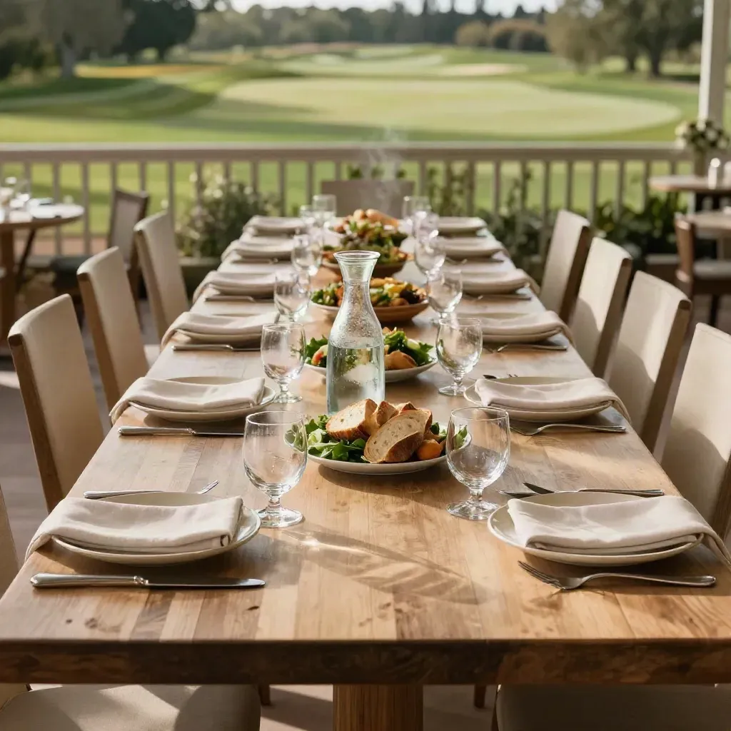 Lange gedekte lunchtafel op het clubterras met carafes, schalen en fairway op zachte achtergrond.