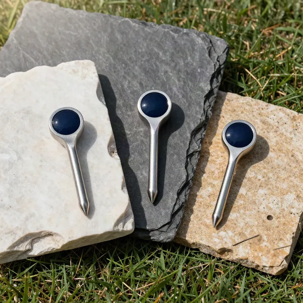 Drie golf-tee markers op steen met bunkerzand, rough en fairwaytexturen van bovenaf.