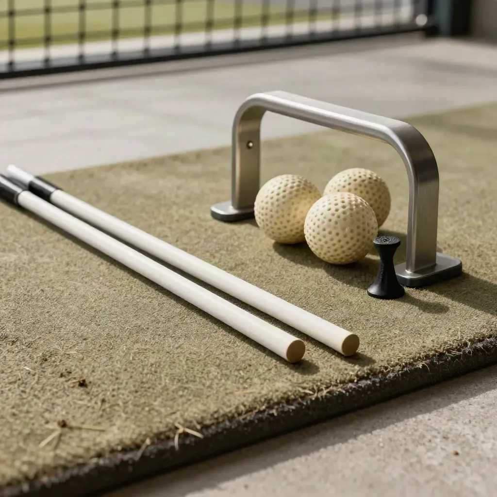 Golftrainingsmat met uitlijnsticks, putting gate, oefenballen en rubber tee in diagonaal licht