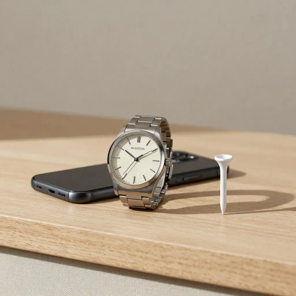 Analoge horloge, telefoon en witte tee peg op licht houten oppervlak