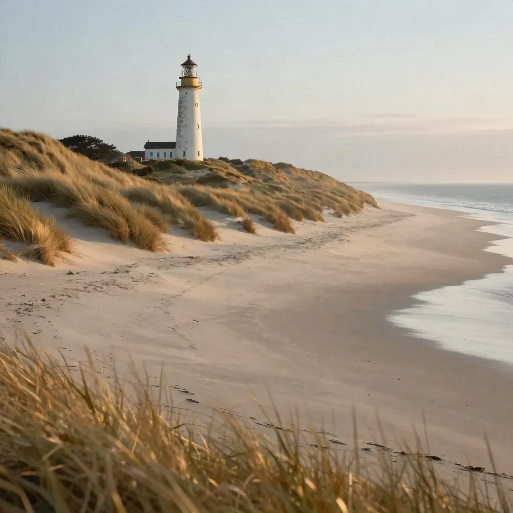 Duinen met vuurtoren aan de Noordzeekust in warm avondlicht en zachte mist