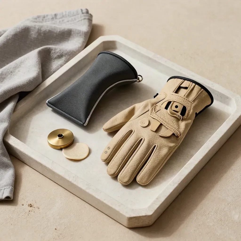 Golfhandschoen, headcover en tokens op een stenen tray met zachte linnen doek.
