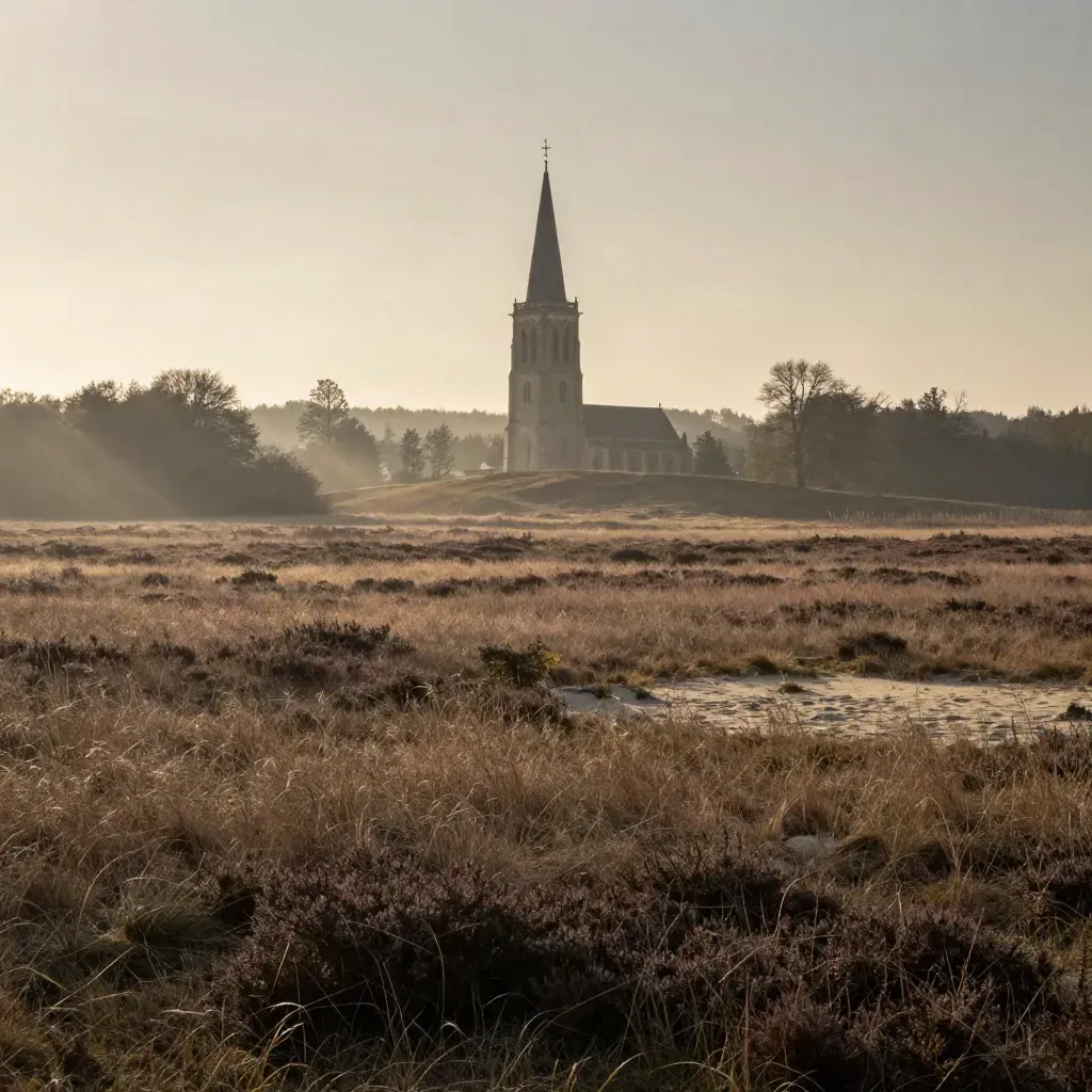 Utrechtse kerktoren boven de Veluwse heide in warme namiddaghaze