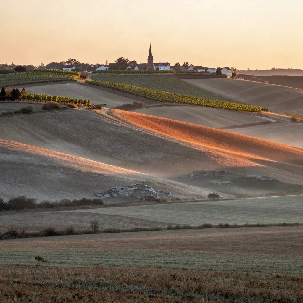 Brabantse heuvels met wijngaarden en een Limburgse kerktoren in gouden avondlicht.