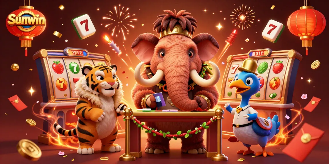 Experience thrilling gameplay at Sunwin with vibrant slot reels, a woolly mammoth bouncer, and a saber-tooth tiger guest.