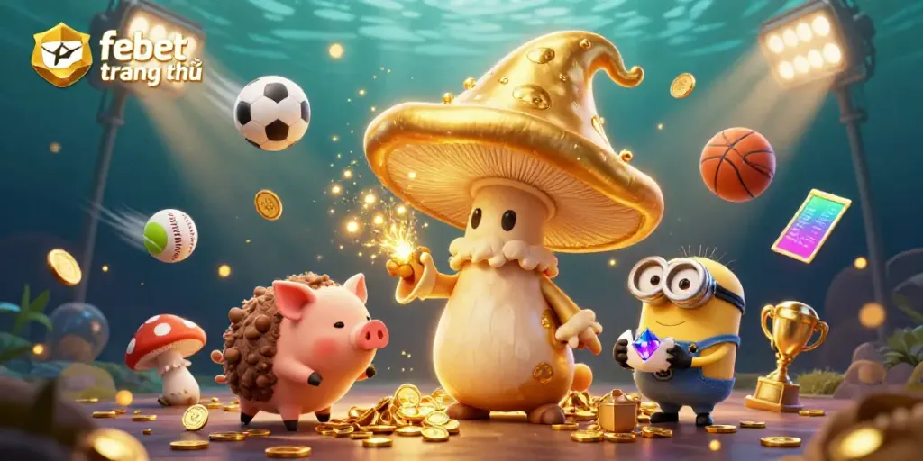 Bet on febet trang chủ with a magical 3D wizard and treasure sniffer in a vibrant casino scene.