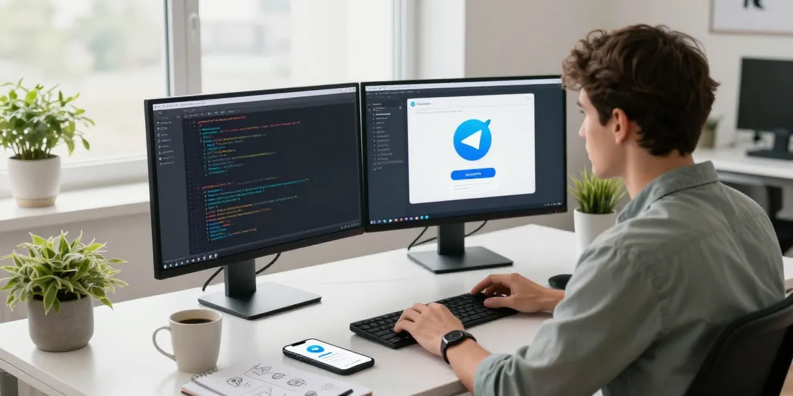 Download Telegram app on a modern workspace setup with a developer at a sleek desk.