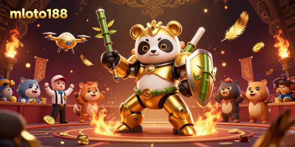 Bet on excitement with mloto188 in a vibrant 3D cartoon casino arena filled with golden elements and cheering spectators.