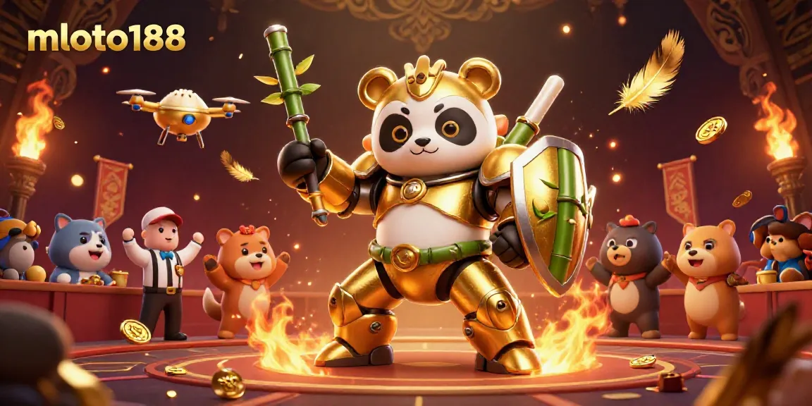 Bet on excitement with mloto188 in a vibrant 3D cartoon casino arena filled with golden elements and cheering spectators.