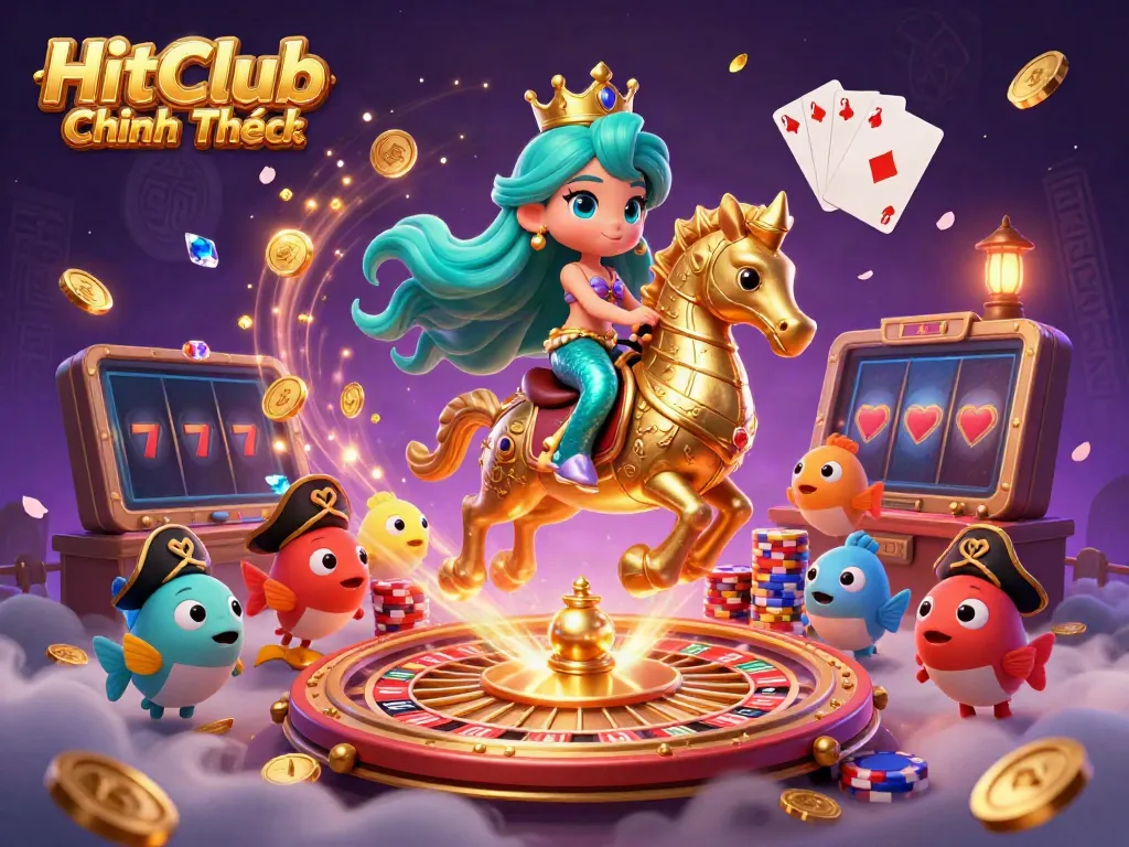 HitClub Chính Thức showcases a lively casino scene with a mermaid princess, seahorse, and vibrant game elements.