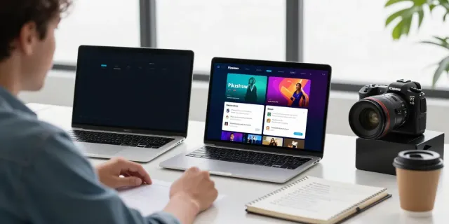 Pikashow for Mac interface displayed on a modern workspace desk with vibrant content streaming.