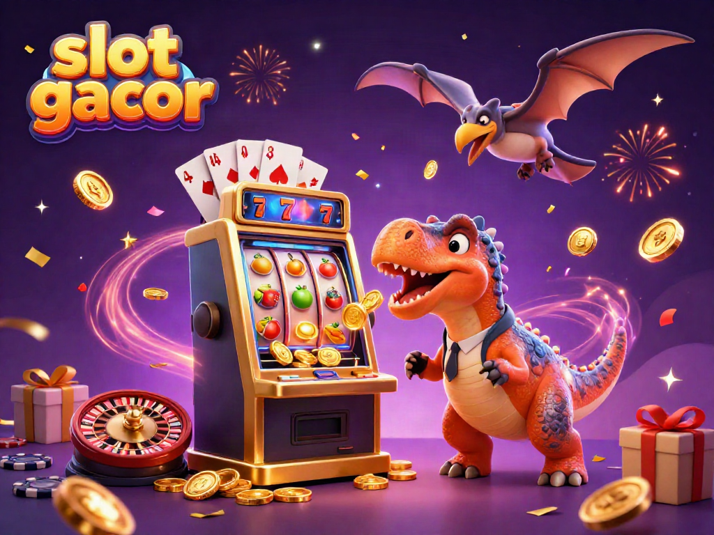 Experience slot gacor excitement with a cartoon dinosaur jackpot win, dynamic casino elements, and vibrant visuals.