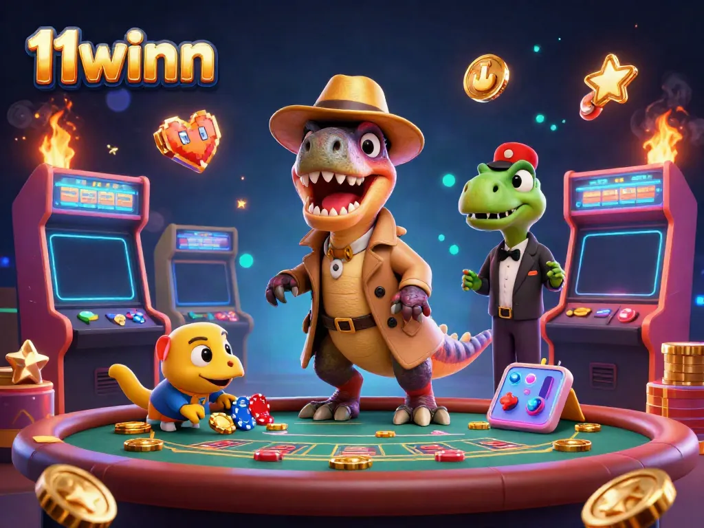 Experience thrilling gaming action with 11winn at a dynamic casino scene filled with vibrant characters and elements.