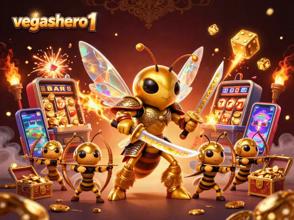 Experience the thrill of vegashero 1 with vibrant visuals of a samurai hornet amidst dynamic gambling elements.