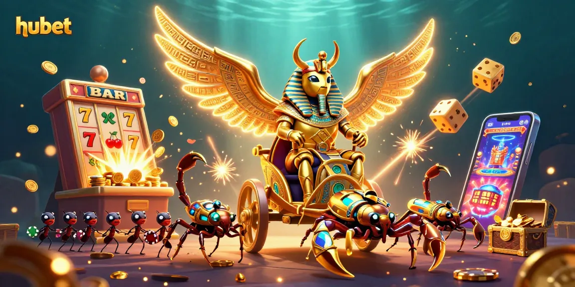 Spin and win big at hubet's vibrant casino illustration featuring a golden scarab and slot machine!