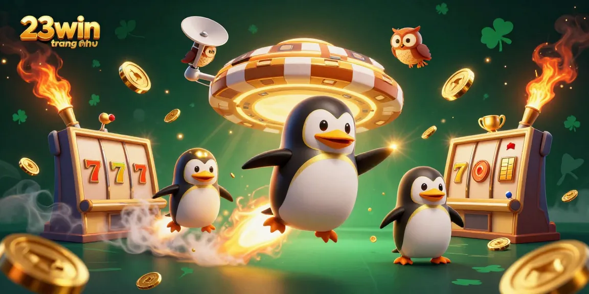 Engage with 23win trang chủ as a golden penguin soars to a casino station amidst vibrant gaming elements.