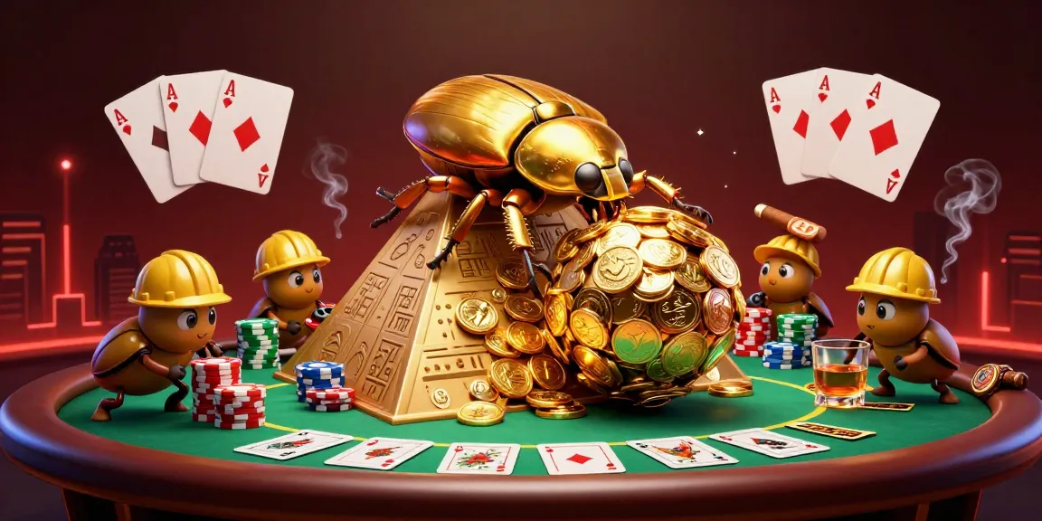 Engage with uu88's vibrant scene showcasing a golden beetle rolling coins at a lively casino.