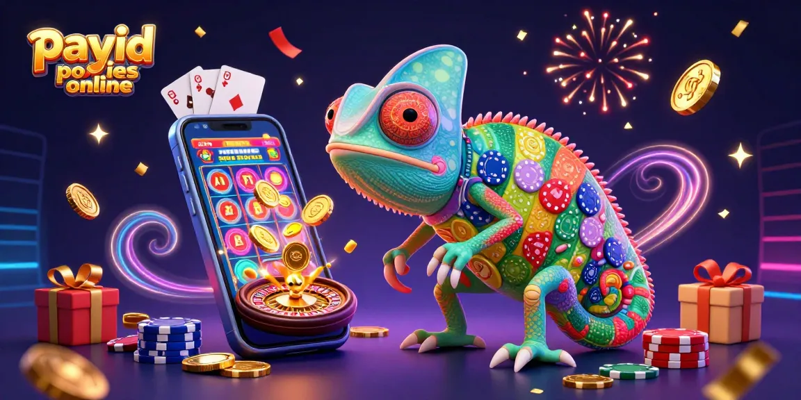 Engage with exciting payid pokies online action featuring a colorful chameleon casino owner amidst vibrant casino elements.
