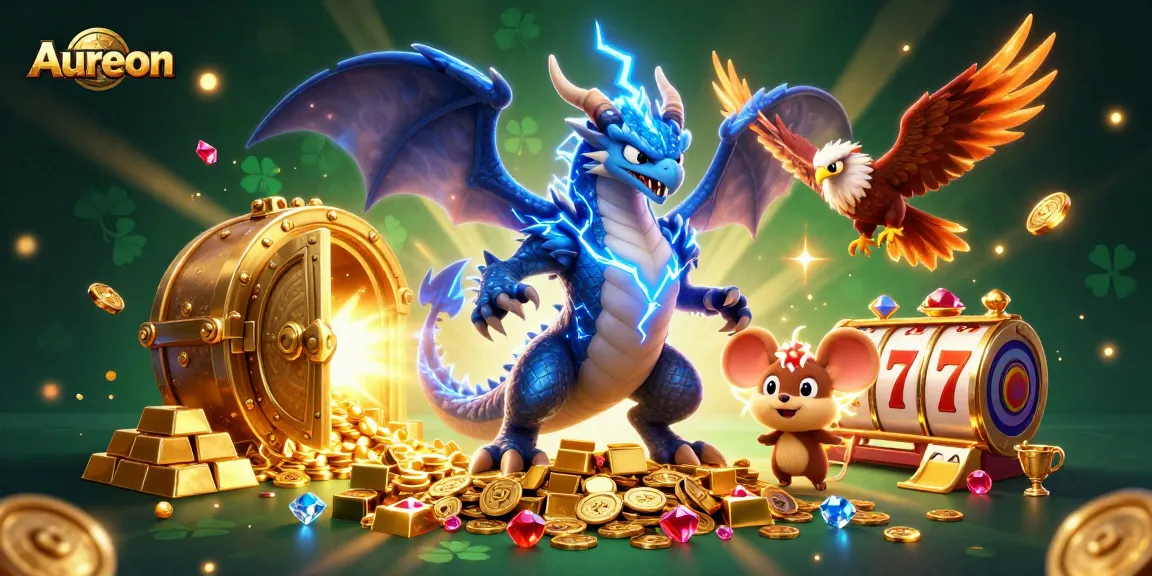 Aureon Casino offers vibrant gameplay with thrilling 3D characters amid golden treasures and slot reels.