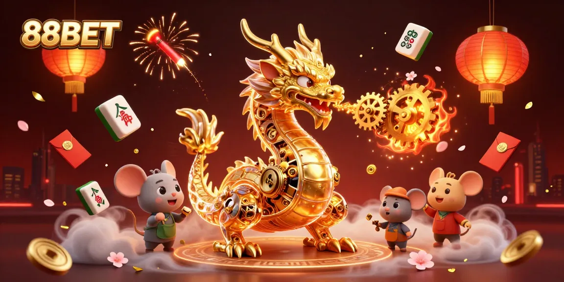 Experience 88BET's animated scene with a dragon, cogs, and festive casino elements.