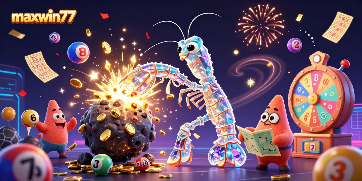 Engage with maxwin77's exciting gaming world featuring vibrant lottery elements and galactic characters.