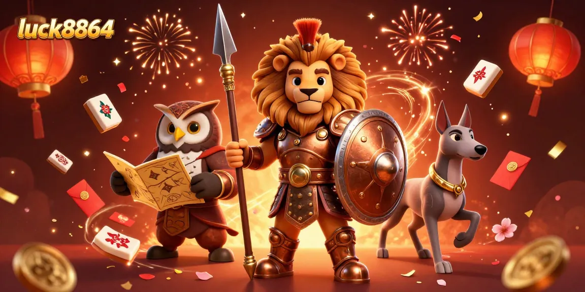 Experience thrilling gameplay at luck8864 with our vibrant 3D cartoon casino scene featuring a Spartan lion and strategic visuals.